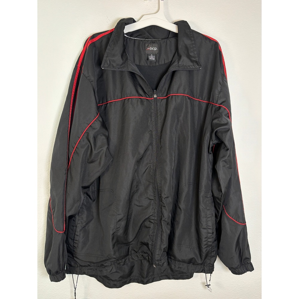 BCG Mens XL Black Red Stripe Full Zip Track Jacket Windbreaker Mesh Lined